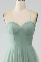 HEULORIA Sage Green Tea-Length Tulle Formal Dress - Frill Sweetheart Neckline & Corset Bodice Bridesmaid dresses ED-266