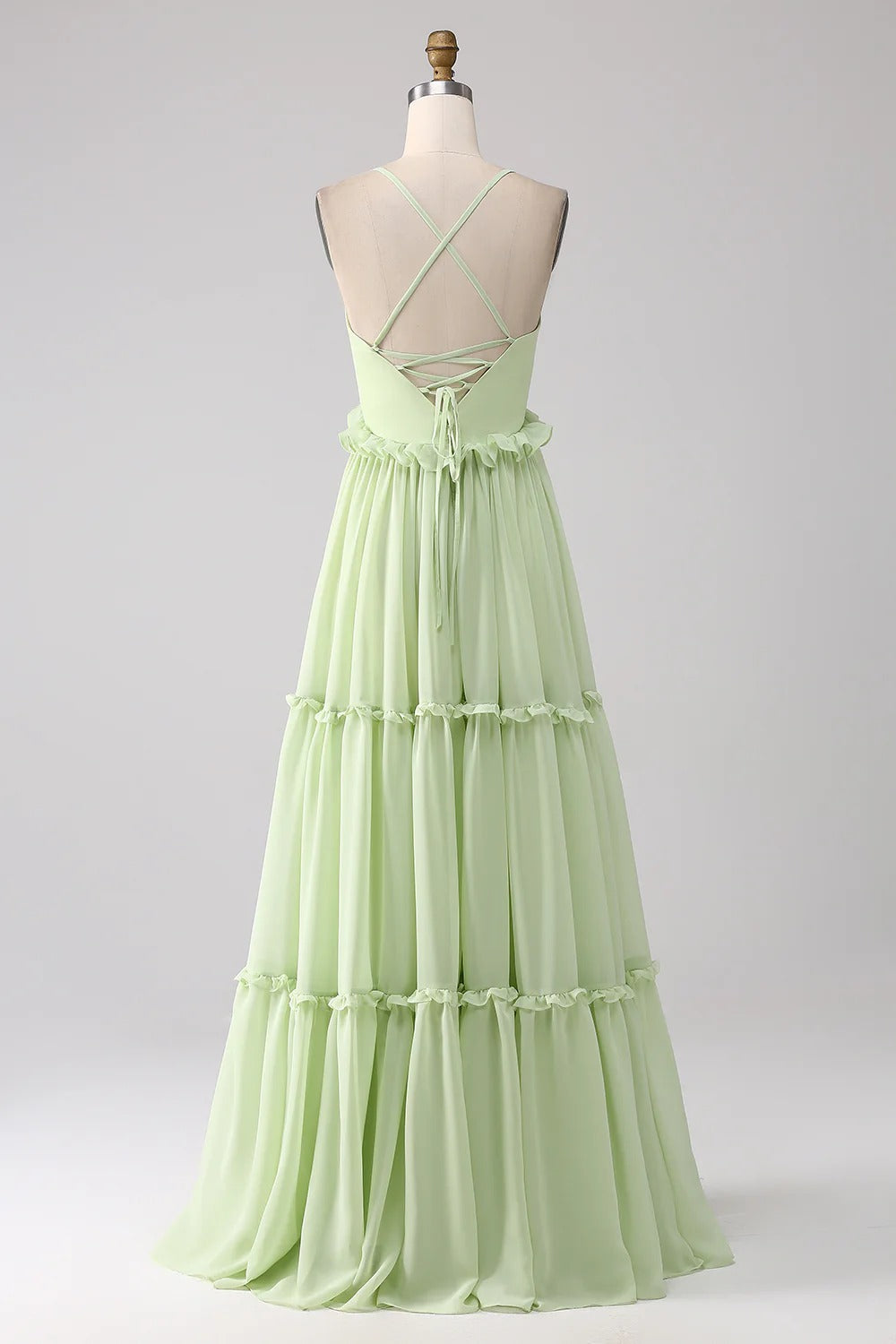 HEULORIA Sage Green Ruffled V-Neck Tiered Chiffon Maxi Dress with Lace-Up Back ED-375