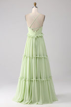 HEULORIA Sage Green Ruffled V-Neck Tiered Chiffon Maxi Dress with Lace-Up Back ED-375