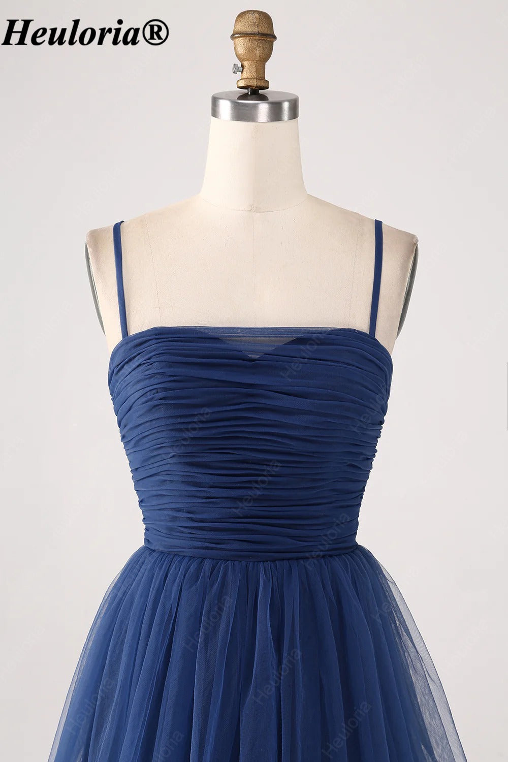 heuloria Navy Ruched Tiered Tulle A-Line Dress with Lace-Up Back-ed-548