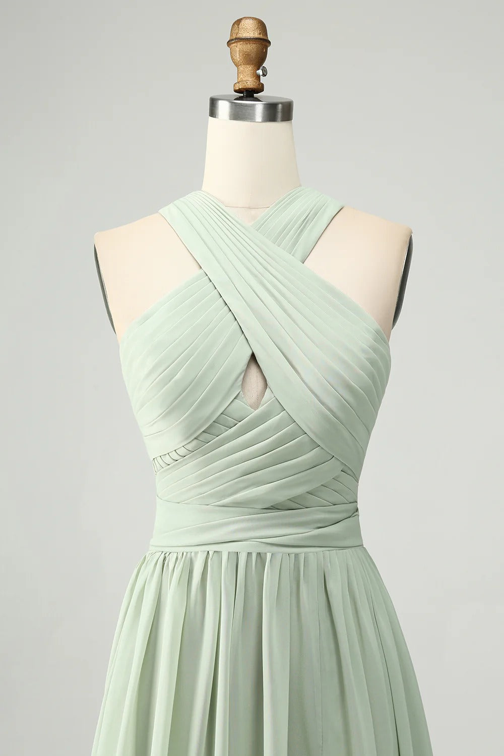 HEULORIA Dusty Sage Chiffon Criss-Cross Halter Bridesmaid Dress with Front Slit and Bow Back ED-256