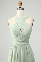 HEULORIA Dusty Sage Chiffon Criss-Cross Halter Bridesmaid Dress with Front Slit and Bow Back ED-256