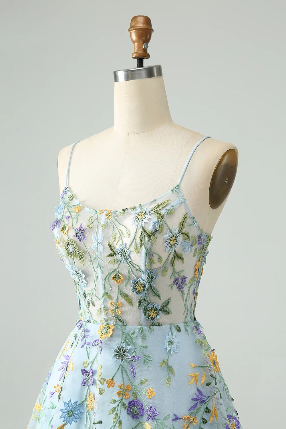 HEULORIA Enchanted Garden Sky Blue Floral Embroidered Short Homecoming Dress - Lace-up Back A-Line Mini Party Gown ED-590