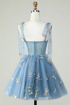 HEULORIA Floral Embroidered Tulle Mini Dress - Sweetheart Corset Bodice with Sheer Tie-Shoulder Straps ED-273