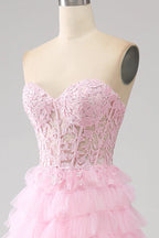 HEULORIA Enchanting Pink Tiered Ruffle Prom Dress - Sweetheart Strapless Lace-Up Ball Gown ED-355