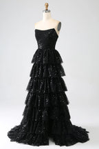 HEULORIA Sparkling Black Sequin Tiered Evening Gown - Strapless Layered Tulle Formal Dress ED-234