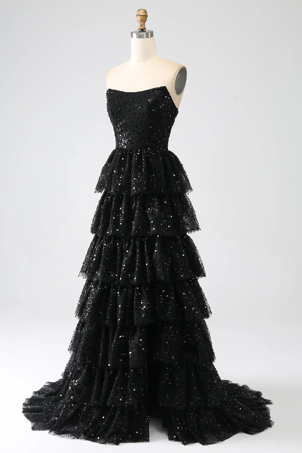 HEULORIA Sparkling Black Sequin Tiered Evening Gown - Strapless Layered Tulle Formal Dress ED-234
