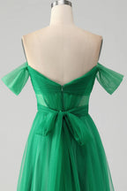 HEULORIA Emerald Green Off-the-Shoulder Tulle Gown - Corset Bodice A-Line Evening Dress ED-262