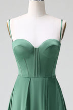 HEULORIA Eucalyptus Green Satin Sweetheart Spaghetti Strap Gown - Lace-up A-Line Formal Dress ED-263