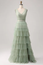 HEULORIA Sage Green Tiered Tulle V-Neck Evening Gown - Deep V-Back Formal Dress ED-267