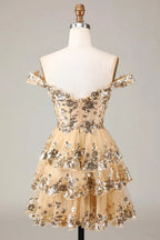 HEULORIA Champagne Off-the-Shoulder Sequin Tiered Mini Dress - Corset Bodice Party & Homecoming Dress ED-277