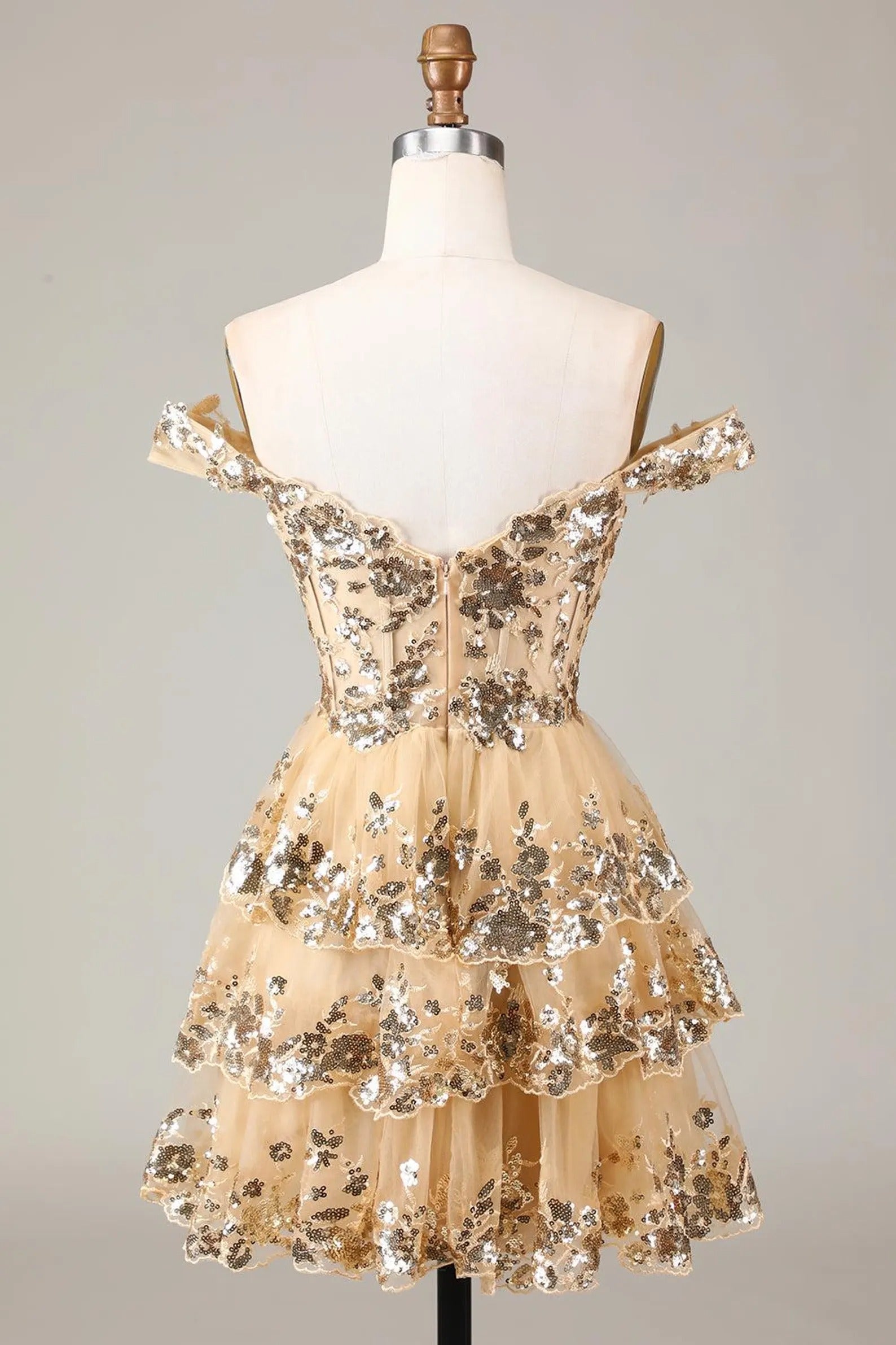 HEULORIA Champagne Off-the-Shoulder Sequin Tiered Mini Dress - Corset Bodice Party & Homecoming Dress ED-277