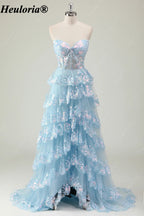 HEULORIA Strapless Sweetheart Floral Tiered Tulle Prom Dress ED-573