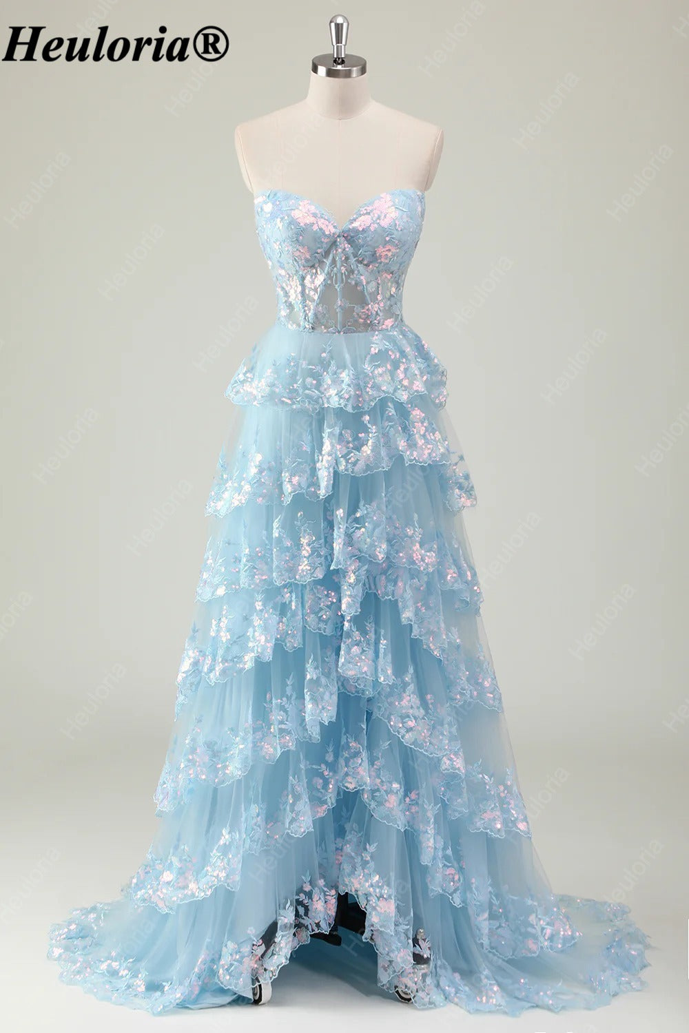 HEULORIA Strapless Sweetheart Floral Tiered Tulle Prom Dress ED-573