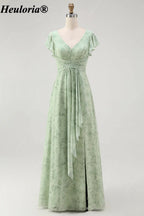 heuloria-Floral V-Neck Flutter Sleeve Bridesmaid Dress with Ruffle Slit-ed-564