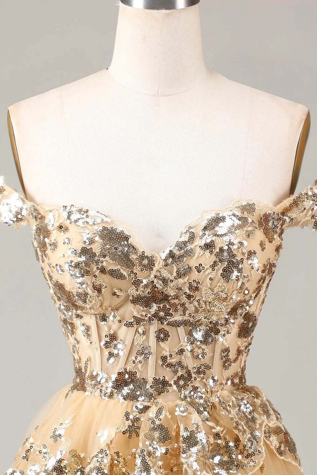 HEULORIA Champagne Off-the-Shoulder Sequin Tiered Mini Dress - Corset Bodice Party & Homecoming Dress ED-277