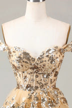 HEULORIA Champagne Off-the-Shoulder Sequin Tiered Mini Dress - Corset Bodice Party & Homecoming Dress ED-277