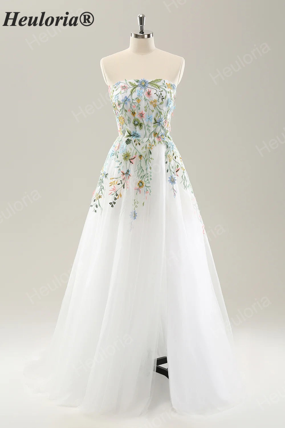 Heuloria Whimsical Colorful Floral Embroidery Strapless Wedding Dress - Romantic Tulle A-Line Bridal Gown with Corset Back ED-650