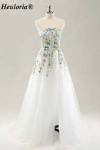 Heuloria Whimsical Colorful Floral Embroidery Strapless Wedding Dress - Romantic Tulle A-Line Bridal Gown with Corset Back ED-650