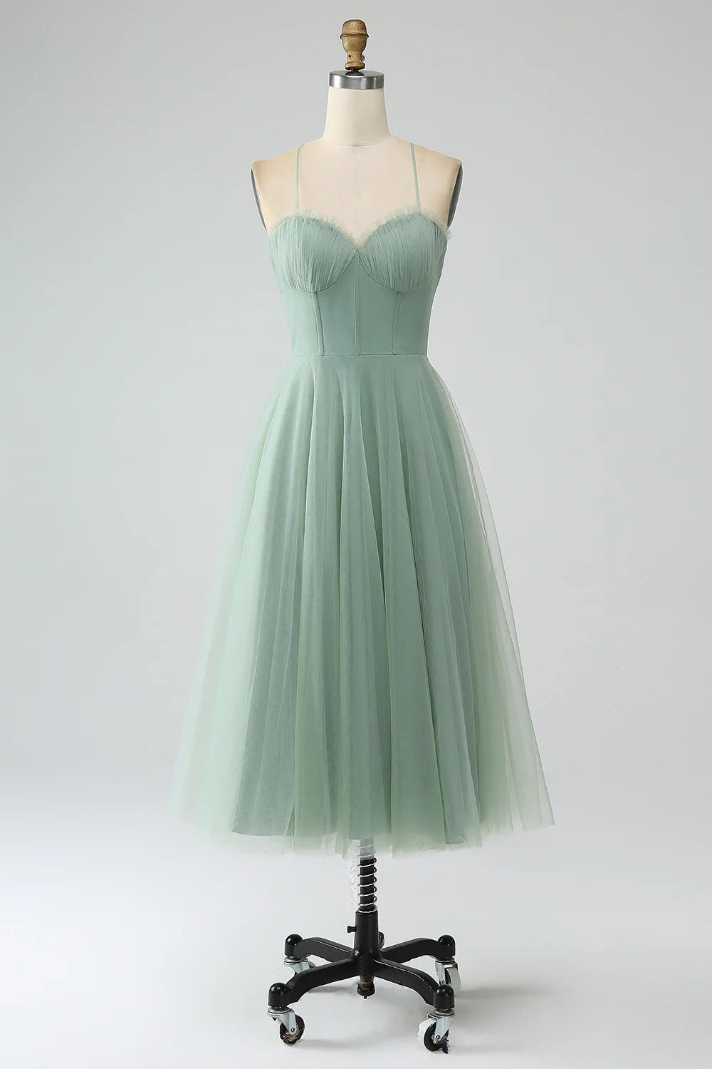 HEULORIA Sage Green Tea-Length Tulle Formal Dress - Frill Sweetheart Neckline & Corset Bodice Bridesmaid dresses ED-266