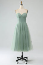 HEULORIA Sage Green Tea-Length Tulle Formal Dress - Frill Sweetheart Neckline & Corset Bodice Bridesmaid dresses ED-266