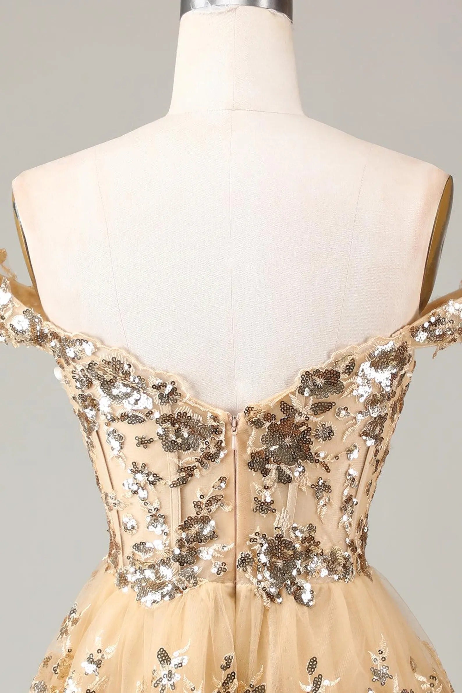 HEULORIA Champagne Off-the-Shoulder Sequin Tiered Mini Dress - Corset Bodice Party & Homecoming Dress ED-277