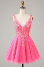 HEULORIA Sparkling V-Neck Sequined Lace Homecoming Dress - Sleeveless A-Line Short Party Gown ED-281