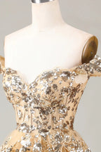 HEULORIA Champagne Off-the-Shoulder Sequin Tiered Mini Dress - Corset Bodice Party & Homecoming Dress ED-277