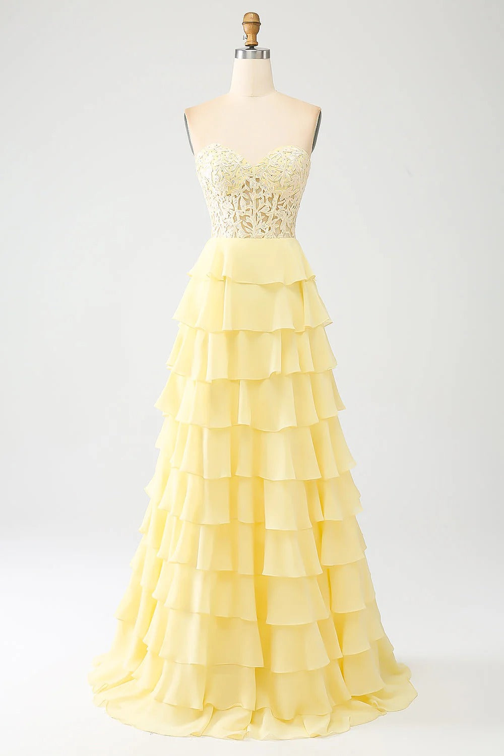 HEULORIA Strapless Sweetheart Lace Bodice Tiered Ruffle Chiffon Prom Gown - Available in Multiple Colors evening dresses ED-235