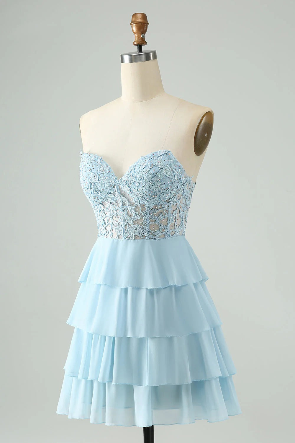 HEULORIA Sweetheart Strapless Tiered Chiffon Short Homecoming Dress with Lace Sequin Bodice ED-285