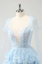 HEULORIA Sky Blue Floral Lace Tiered Mini Party Dress with Tulle Shoulder Streamers ED-593