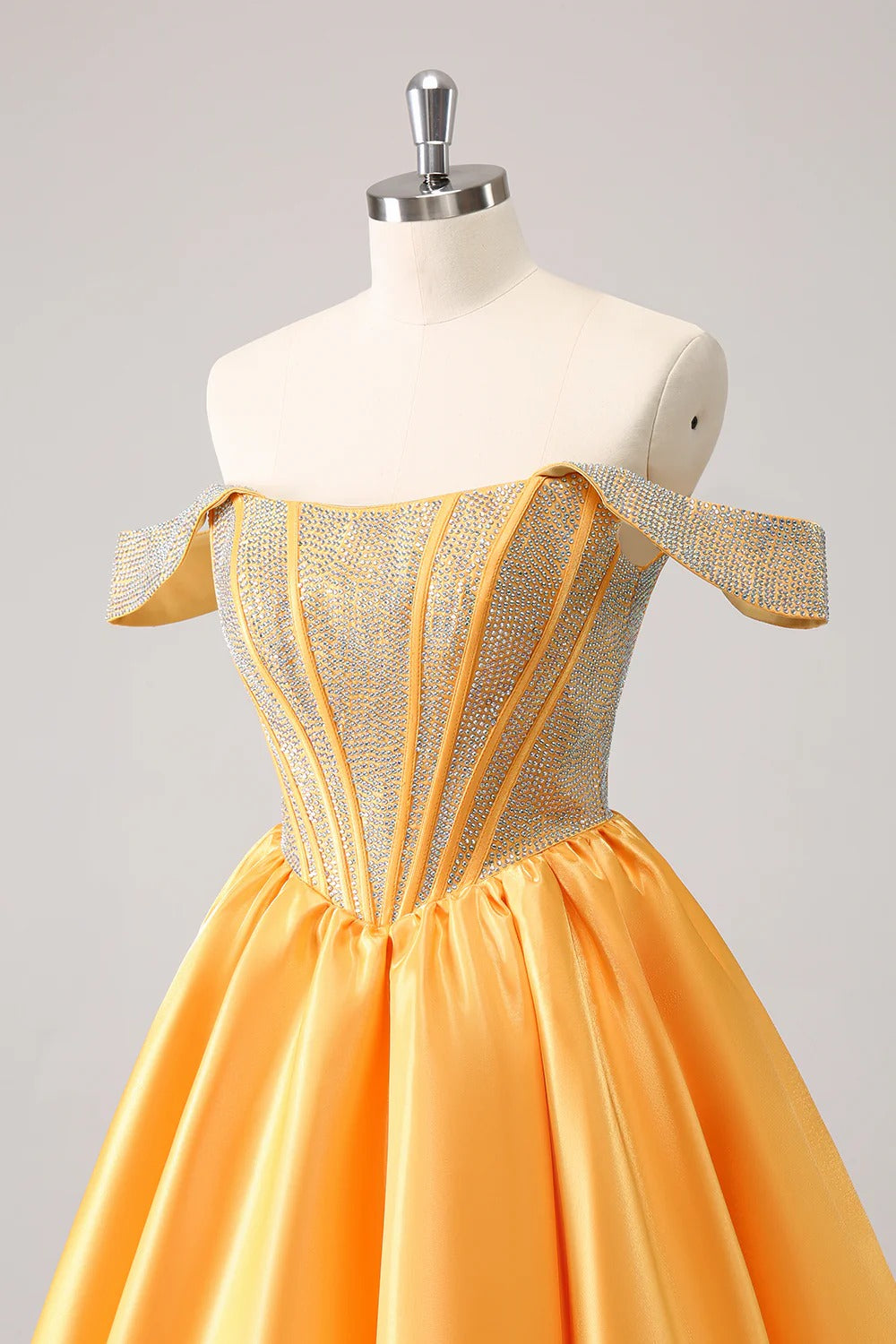 HEULORIA Sparkly Rhinestone Corset Homecoming Dress Off-the-Shoulder Satin Mini Party Gown ED-596