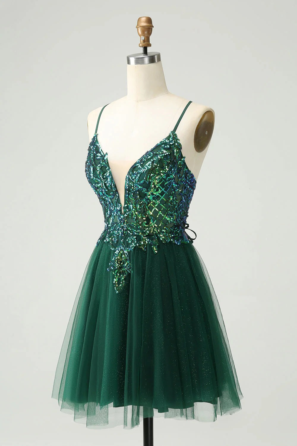 HEULORIA Short Emerald Green V-Neck Sequined Homecoming Dress with Illusion Plunge & Lace-Up Back ED-282