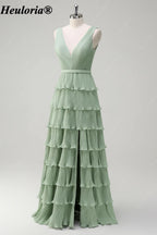 heuloria-Dusty Sage V-Neck Pleated Tiered Bridesmaid Dress with Slit-ed-559