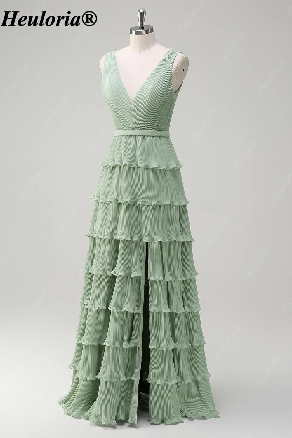 heuloria-Dusty Sage V-Neck Pleated Tiered Bridesmaid Dress with Slit-ed-559