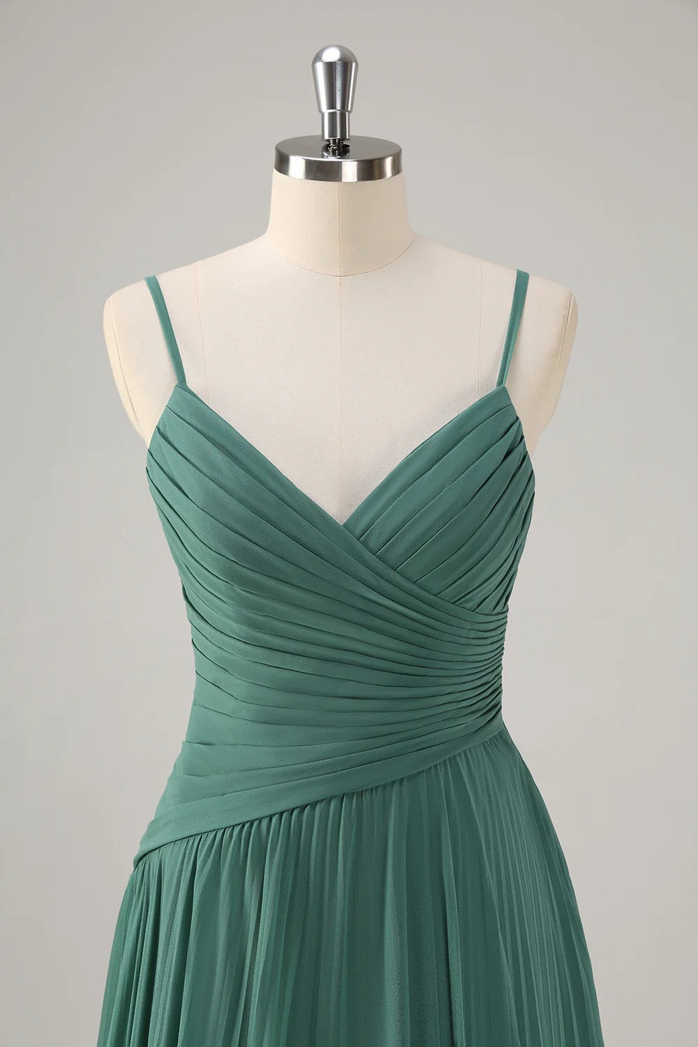 HEULORIA Eucalyptus Green Pleated Chiffon V-Neck Spaghetti Strap Floor-Length Evening Dress ED-261