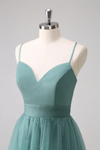 HEULORIA Eucalyptus Green Sweetheart Tulle Bridesmaid Dress with Cutout Back and Spaghetti Straps ED-247
