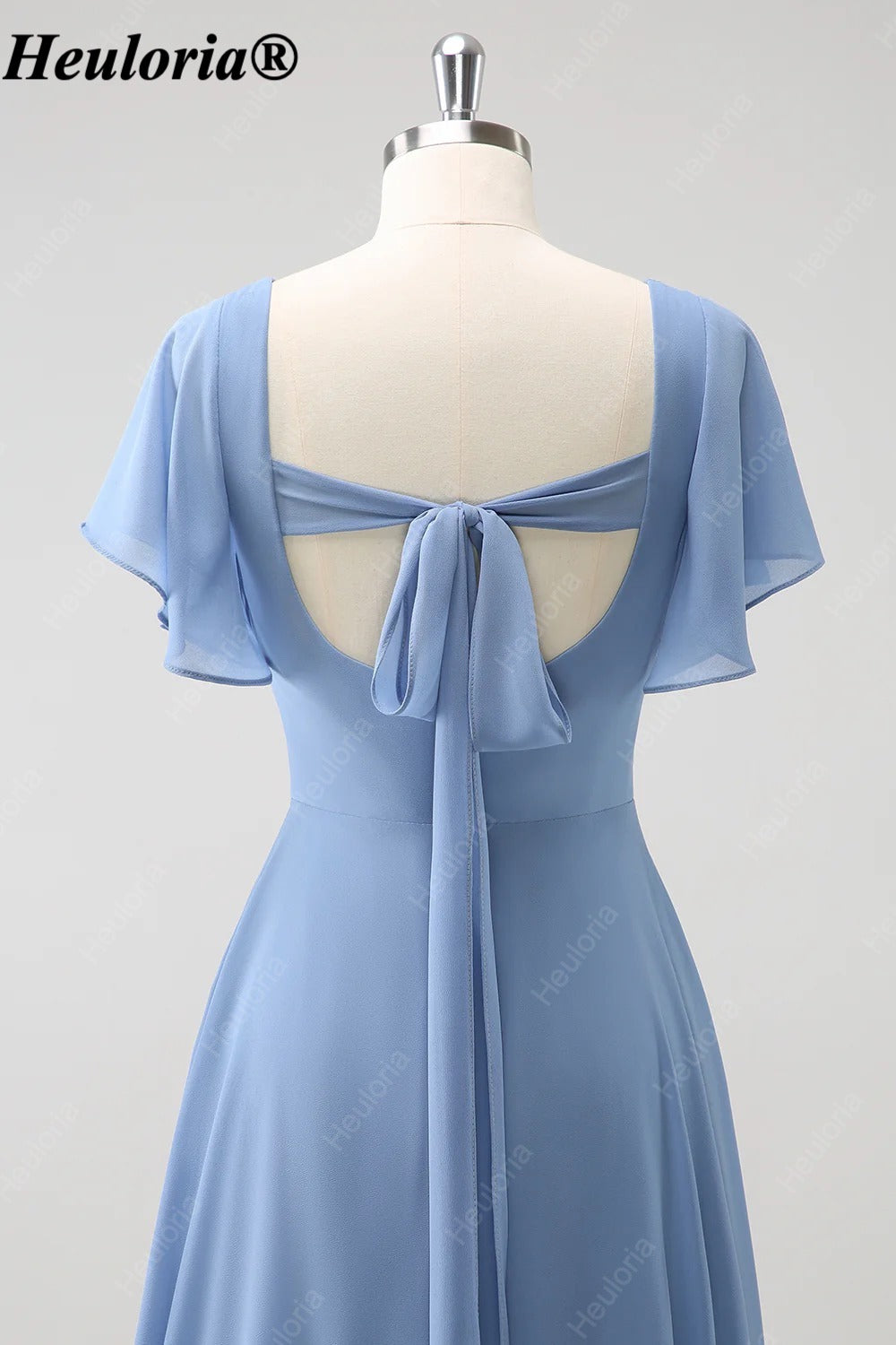 heuloria Dusty Blue Flutter Sleeve Bridesmaid Dress with Bow Back ed-528