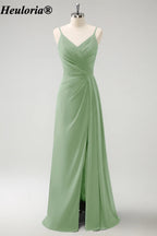 HEULORIA V-Neck Pleated Chiffon Bridesmaid Dress with Slit | ED-957