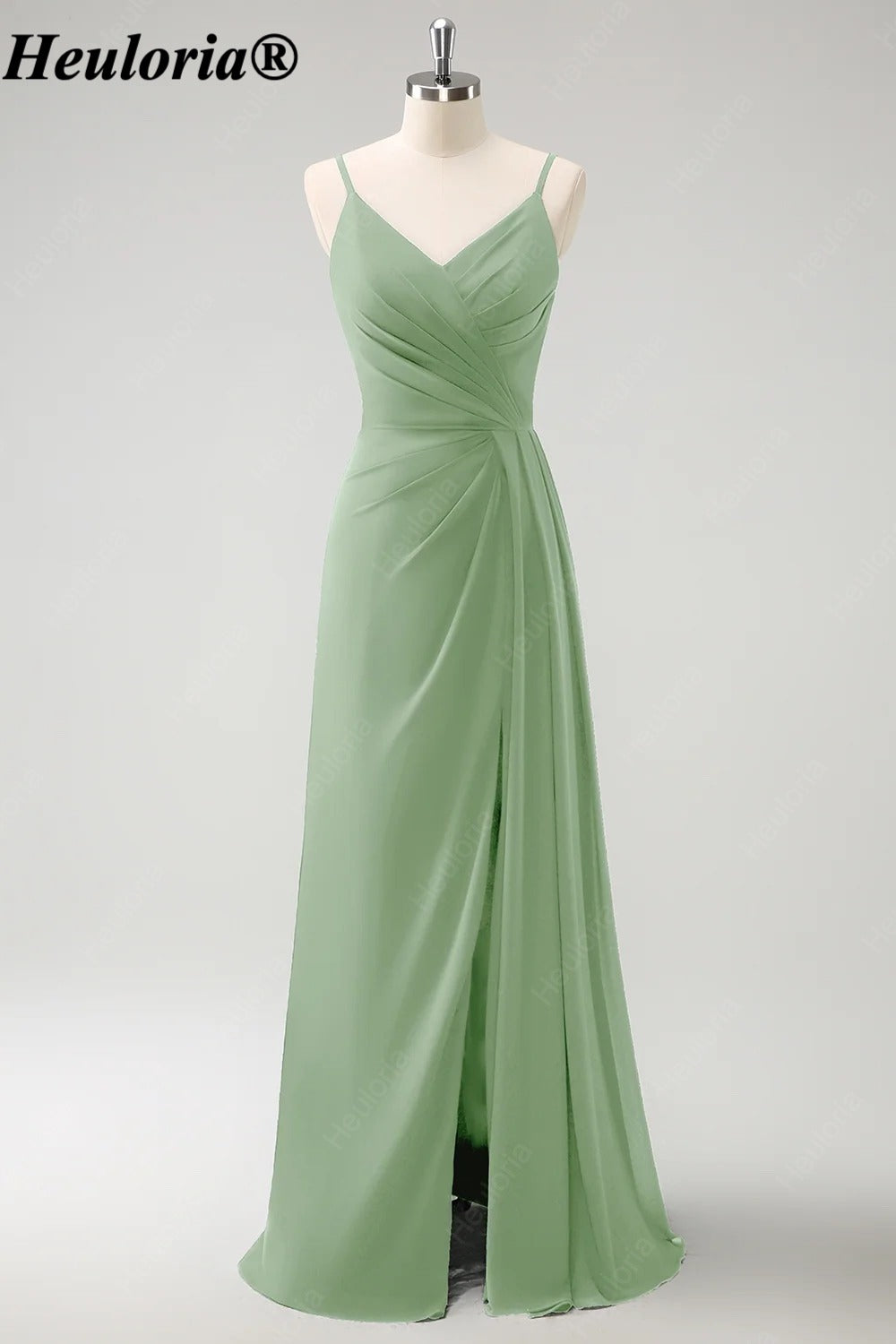 HEULORIA V-Neck Pleated Chiffon Bridesmaid Dress with Slit | ED-957
