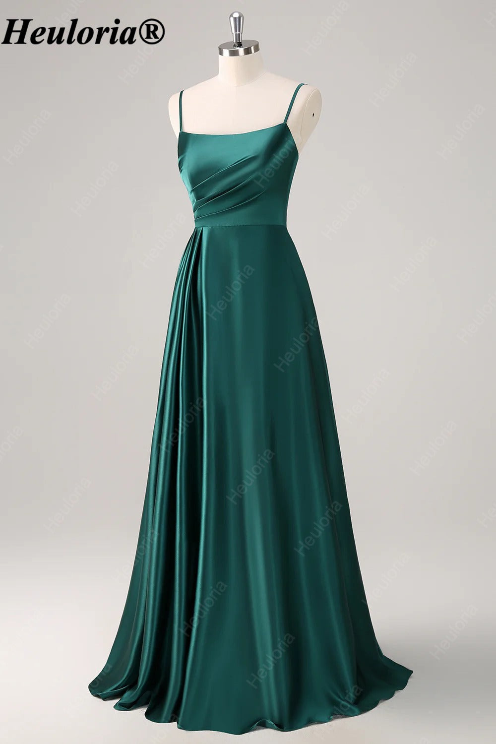HEULORIA Dark Green Spaghetti Strap Ruched Satin A-Line Bridesmaid Dress ED-260