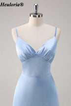 heuloria Sky Blue V-Neck Satin Bridesmaid Dress with Tiered Skirt ed-547