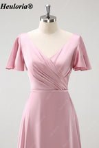heuloria Pink V-Neck chiffon Bridesmaid Dress with Flutter Sleeves and Ruffle Hem ed-527