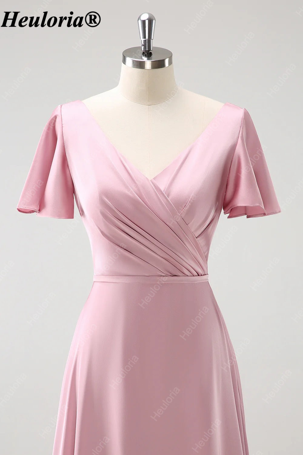 heuloria Pink V-Neck chiffon Bridesmaid Dress with Flutter Sleeves and Ruffle Hem ed-527