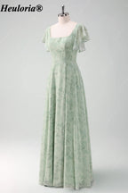 heuloria-Grey Green Floral Square Neck Flutter Sleeve Bridesmaid Dress-ed-558