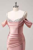 HEULORIA Elegant Ruched Satin Mermaid Evening Gown with Crystal Embellished Straps & Off-the-Shoulder Sleeves ED-349