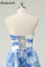 Heuloria Enchanted Garden Watercolor Floral Strapless Tiered Tulle Ball Gown with Velvet Bows ED-657