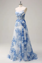 HEULORIA Blue Watercolor Floral Chiffon A-Line Prom Dress with Cowl Neck and Corset Bodice ED-511