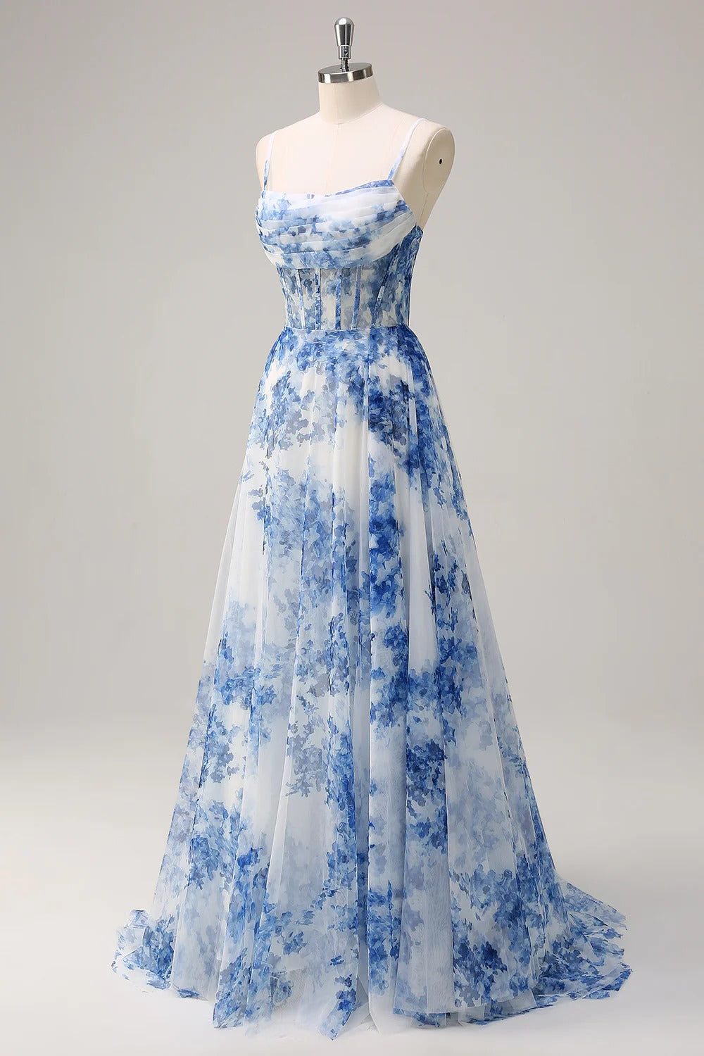 HEULORIA Blue Watercolor Floral Chiffon A-Line Prom Dress with Cowl Neck and Corset Bodice ED-511