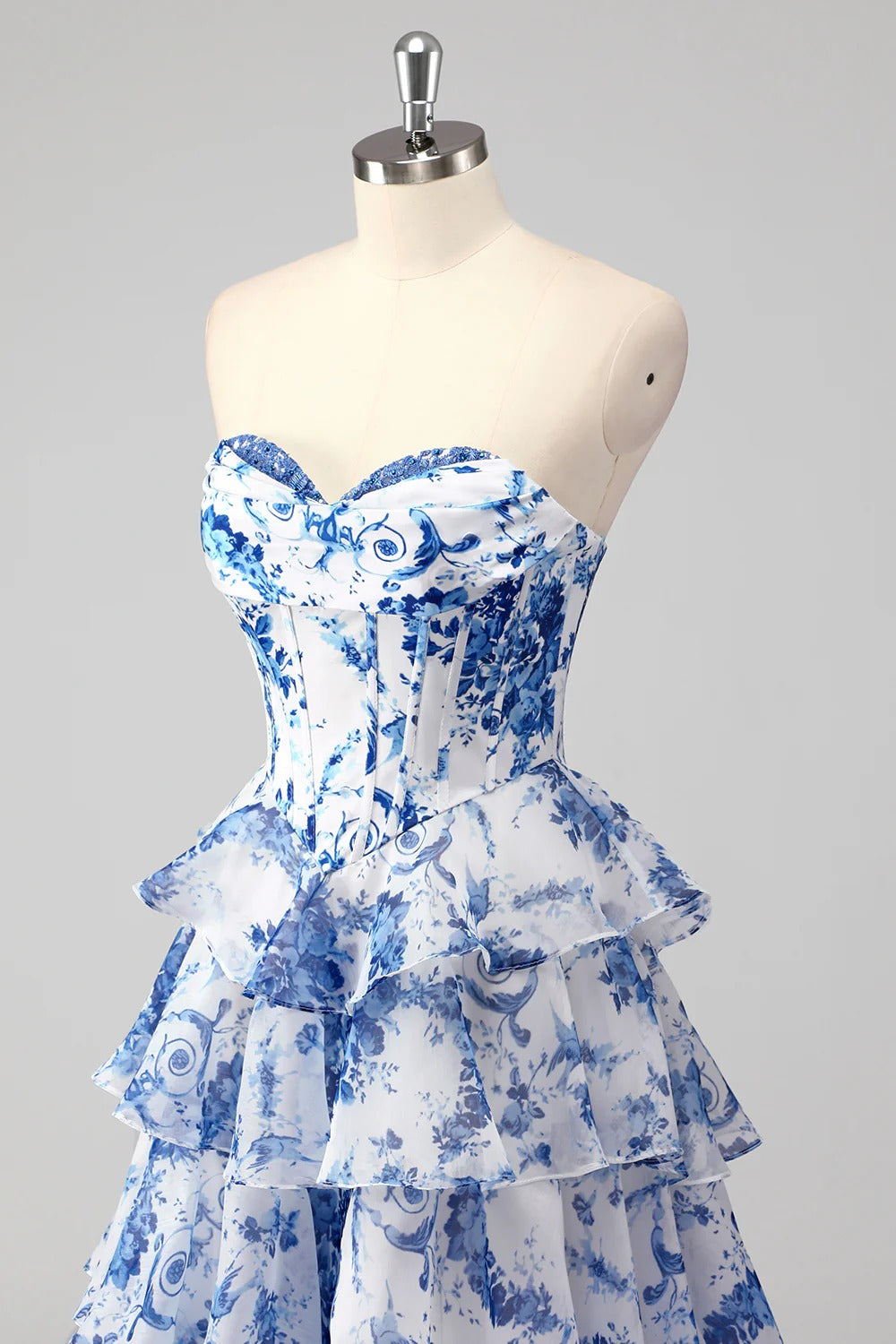 HEULORIA Vintage-Inspired Strapless Floral Gown: Sweetheart Corset Bodice Tiered Ruffle Evening Dress ED-233
